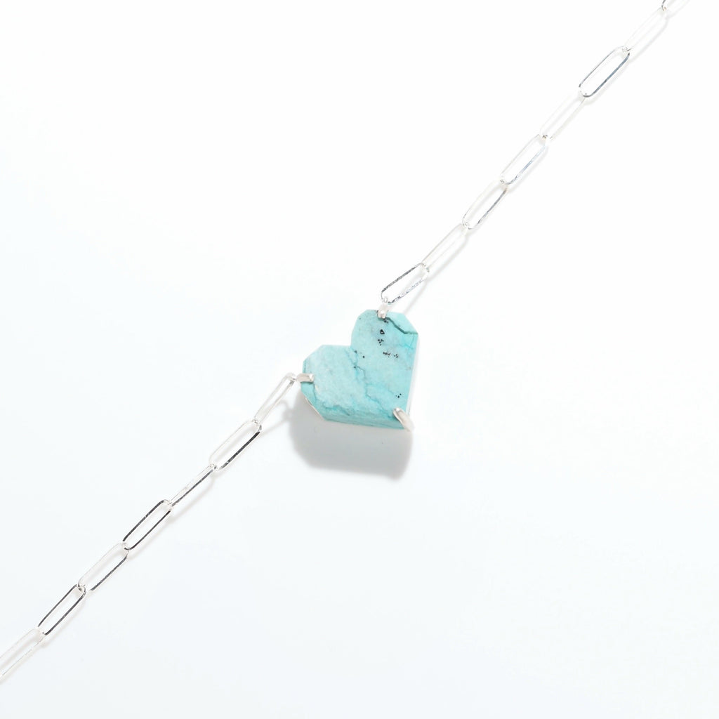 ターコイズ・ペーパークリップチェーンブレス・ハートカット・マットシルバーカラー（MS-BR-24-0003）｜488