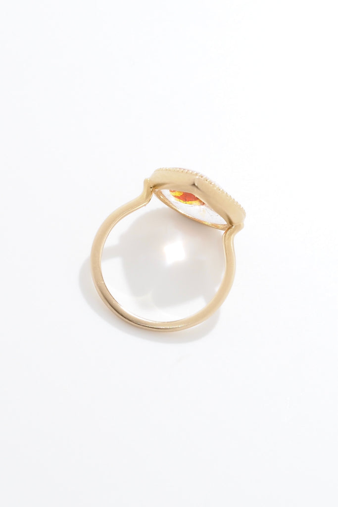 ジュエリースタジオMASHIROのカラーストーンアップサイクルジュエリー。オーロラクォーツ（ライモナイトインクォーツ）のミルグレインリング。シャンパンゴールドマット。内部に金魚や熱帯魚が泳いでいるような極上のオーロラクォーツ