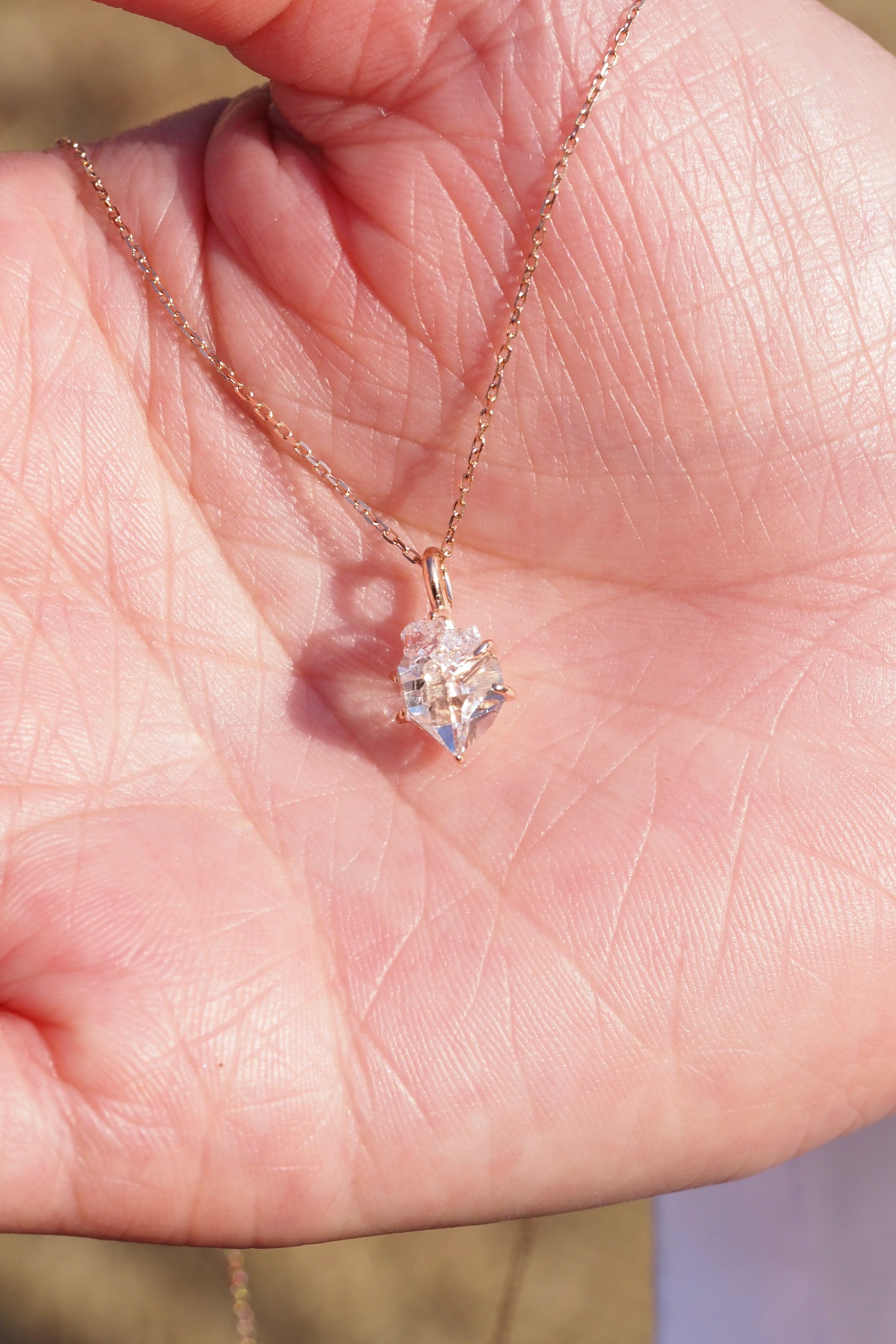 ハーキマーダイヤモンド・プロングセットネックレス・ピンクゴールド