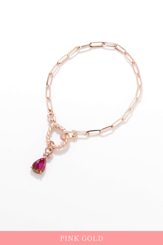 ジュエリースタジオMSAHIROのセミオーダーメイドジュエリーデザイン、オメガループブレスレット。オメガデザインのモチーフとクリップチェーン、フロントフックが融合したデザイン。宝石（ルース）からのお仕立てやジュエリーからのオーダージュエリー＆リメイク（リフォーム）に対応。ウォーターメロントルマリンとピンクゴールド