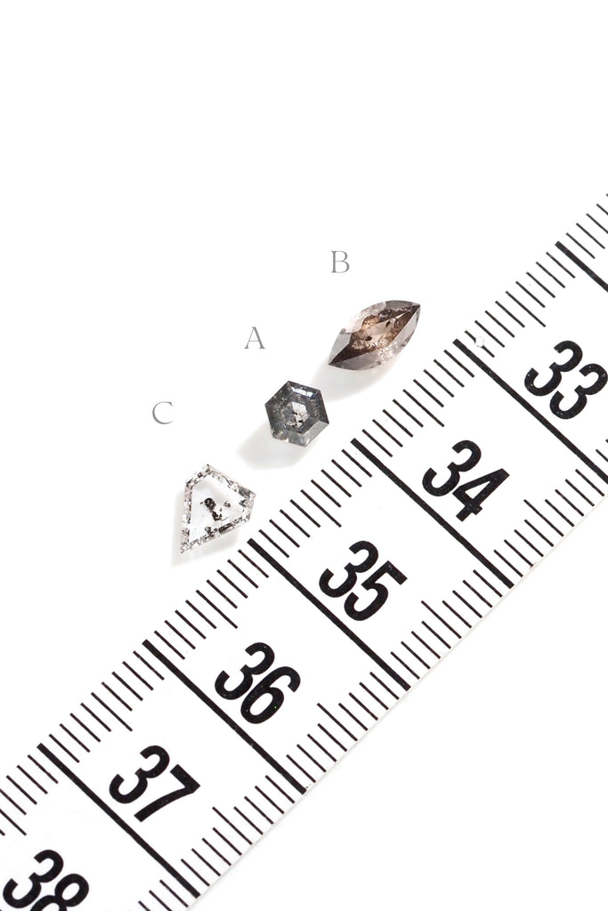 ジュエリースタジオMASHIROの宝石（ルース）販売。ボツワナ産のソルト＆ペッパーダイヤモンド、ヘキサゴンカット・ペンタゴンカット・マーキスカット。ブラック＆ホワイト、そしてブラウンの上質なカラーダイヤモンド。