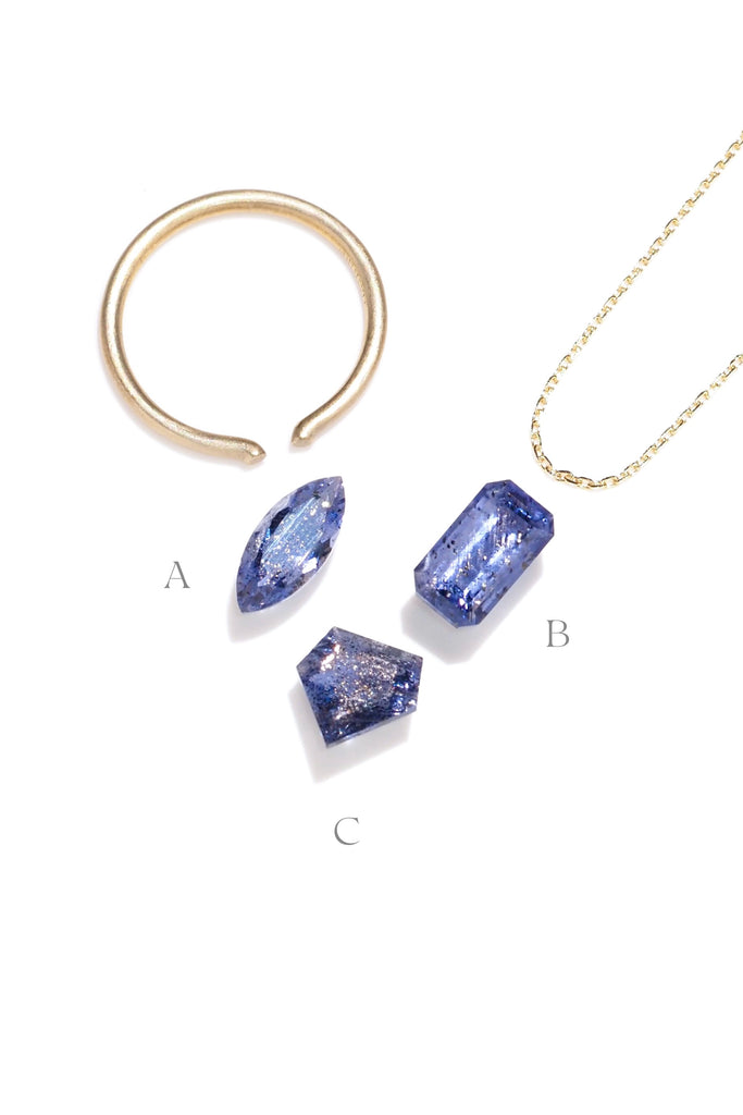 ジュエリースタジオMASHIROがお届けする宝石たち。ブラジル産アイオライトサンストーン・スパークリングギャラクシー。A：マーキスカット・1.16ct5*11.5mm。B：オクタゴンカット・2.01ct・5.7*10mm。C：ペンタゴンカット・1.38ct・8.5*8.6mm