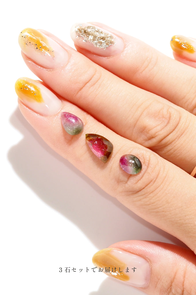 ジュエリースタジオMASHIROのルース（宝石）販売ページ。ブラジル産ウォーターメロントルマリン（バイカラートルマリン）３石セット。オーバルカボション・トリリアントローズカット・ペアシェイプカボションカット。