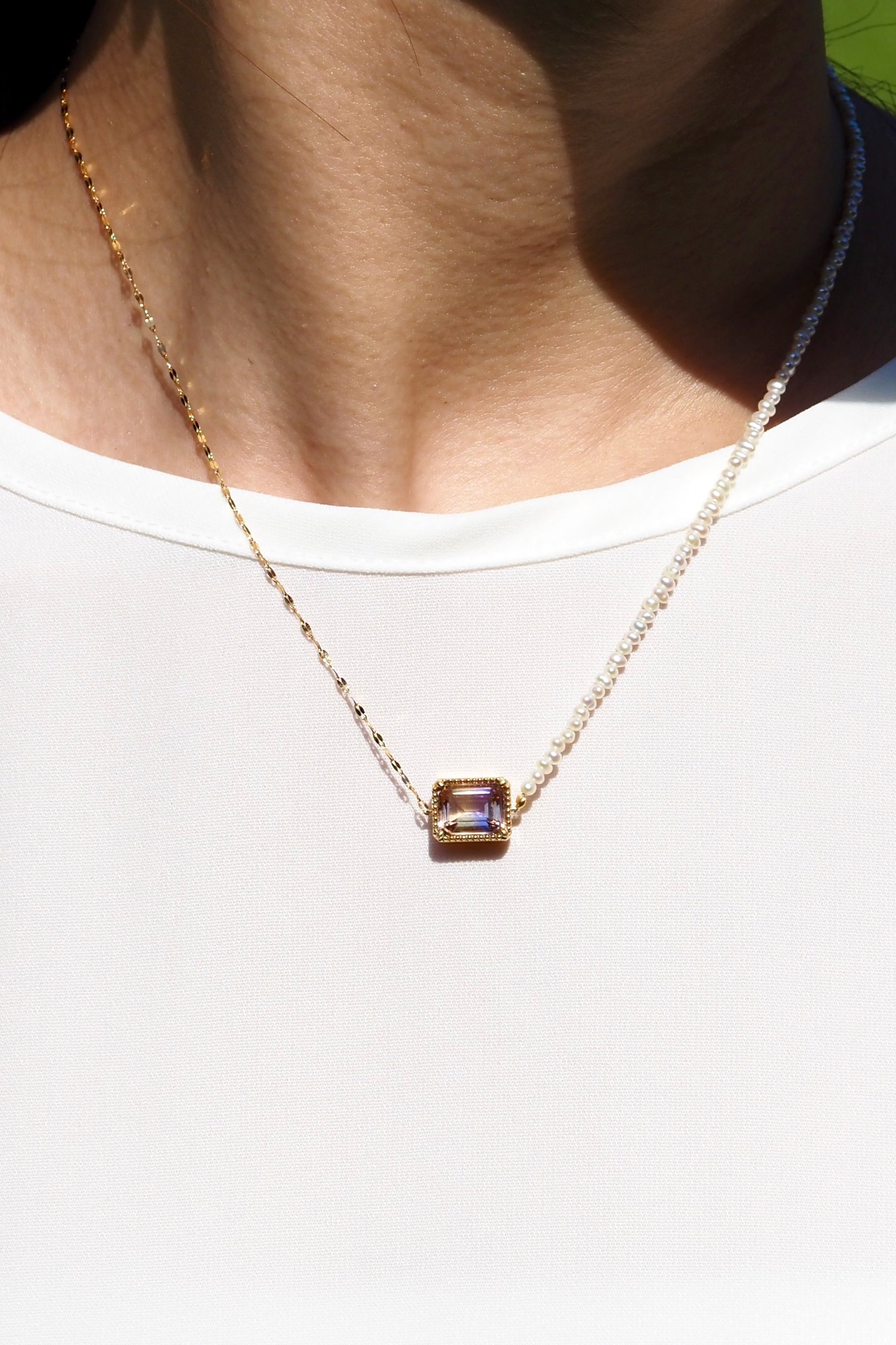 NE013 パール＆ペタルチェーン・ミルグレインネックレス｜宝石からの