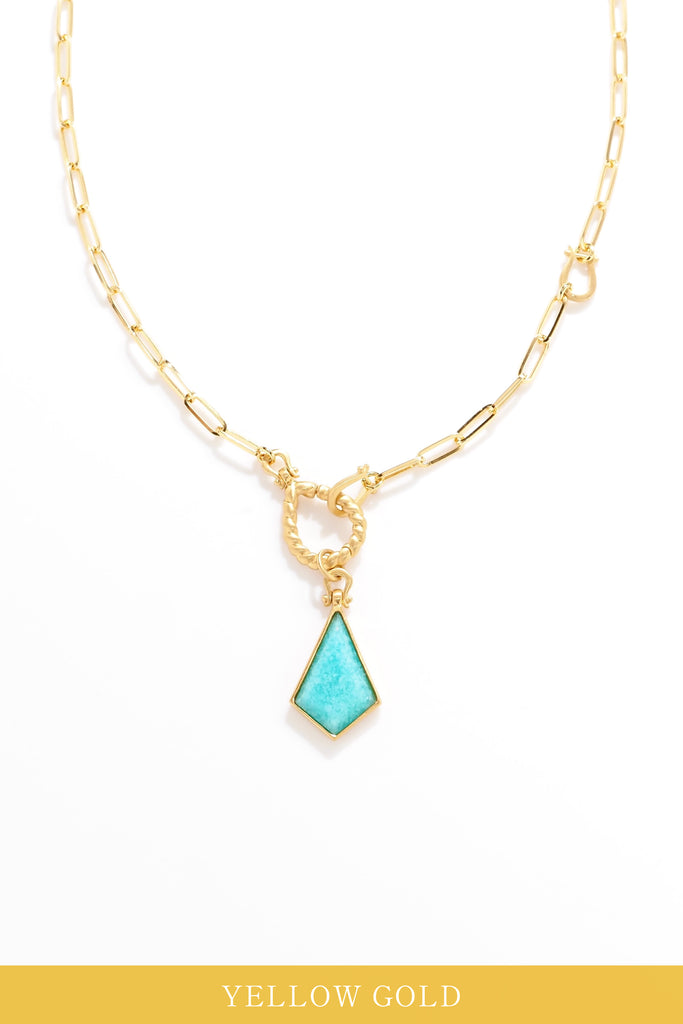 ジュエリースタジオMSAHIROのセミオーダーメイドジュエリーデザイン、オメガループネックレス。オメガデザインのモチーフとクリップチェーン、フロントフックが融合したデザイン。宝石（ルース）からのお仕立てやジュエリーからのオーダージュエリー＆リメイク（リフォーム）に対応。アマゾナイトとイエローゴールド